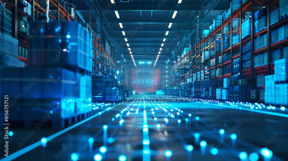 Discover the future of warehouse management through this cutting-edge visualization displaying modern logistics, efficiency, and technology integration Discover the future of warehouse management through this cutting-edge visualization displaying modern logistics, efficiency, and technology integration