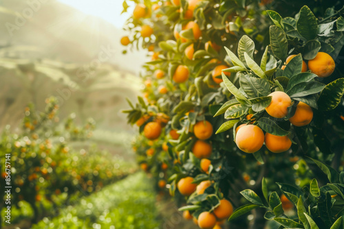 trees are laden with ripe oranges, which are a bright orange color