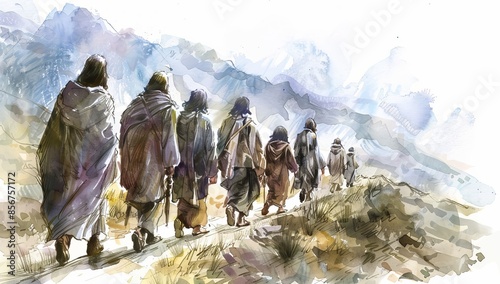 A watercolor illustration depicting the twelve chosen disciples in the Bible. Christian religious illustration in watercolor.