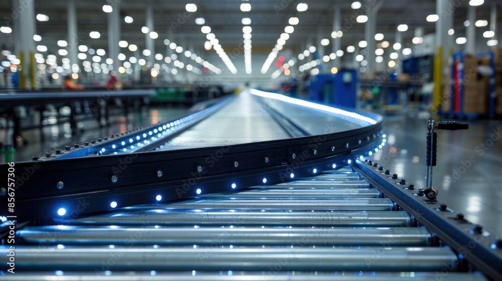 Fototapeta premium Conveyor Belt System with LED Lights in a Warehouse