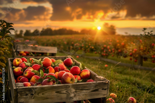 wooden crate overflowing with ripe, red apples. The crate in a field of green grass. In the background
