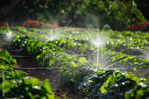 field of strawberries being watered by a sprinkler