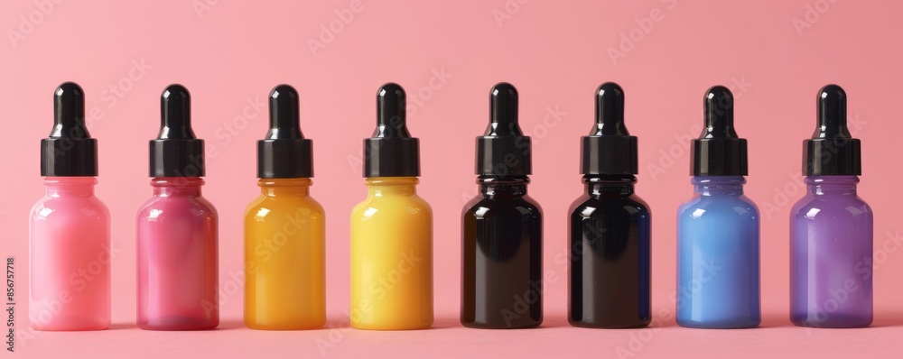 Contemporary dropper bottles with ergonomic shapes and vibrant colors, perfect for modern skincare and beauty products Contemporary dropper bottles with ergonomic shapes and vibrant colors, perfect for modern skincare and beauty products