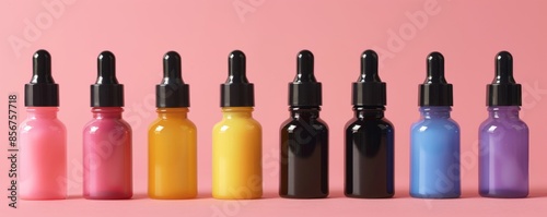 Contemporary dropper bottles with ergonomic shapes and vibrant colors, perfect for modern skincare and beauty products