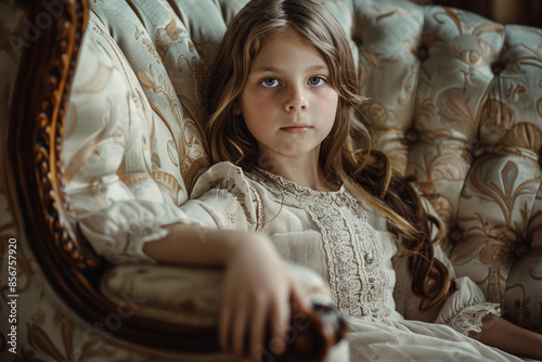 A young girl sitting upright on a classic armchair, her thoughtful expression matching the timeless style of the furniture.