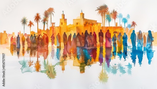 Christ's triumphal entry into Jerusalem. Silhouette of a crowd of people against a background of palm trees and ancient structures.