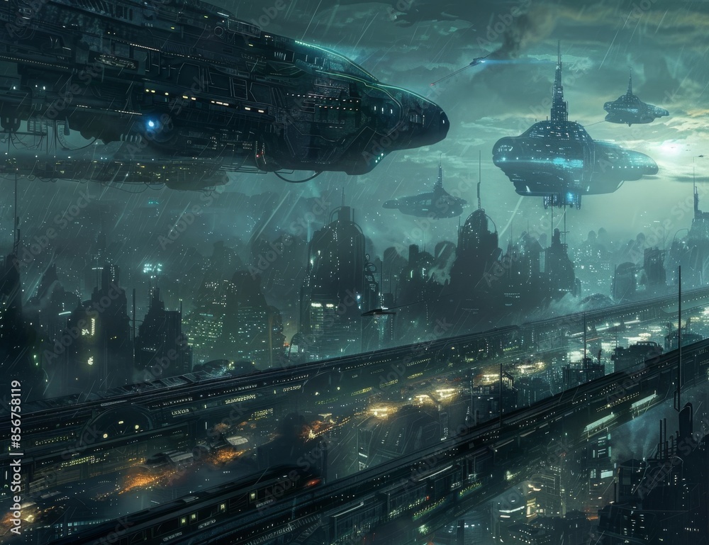 Life after a major war in a postapocalyptic world with flying spaceships. Digital art. Life after a major war in a postapocalyptic world with flying spaceships. Digital art.