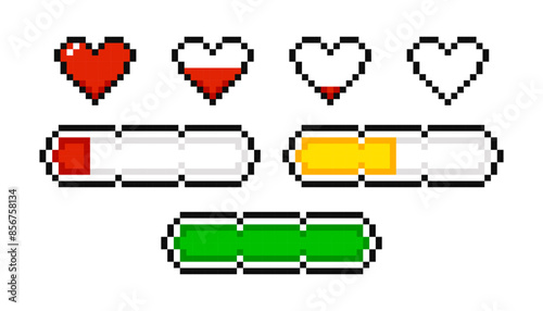 Pixel game life bar, 8 bit health heart bar.