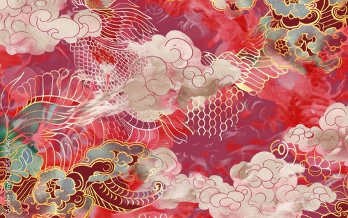 A digital illustration depicting a golden dragon flying through vibrant red clouds