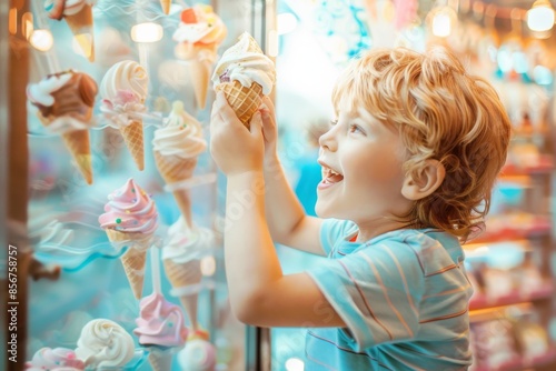 In business or customer service, a teenager with an ice cream treat for snack, request or payment on vacation. Industry, customer service, or waiter with kid on a beach for summer dessert. photo