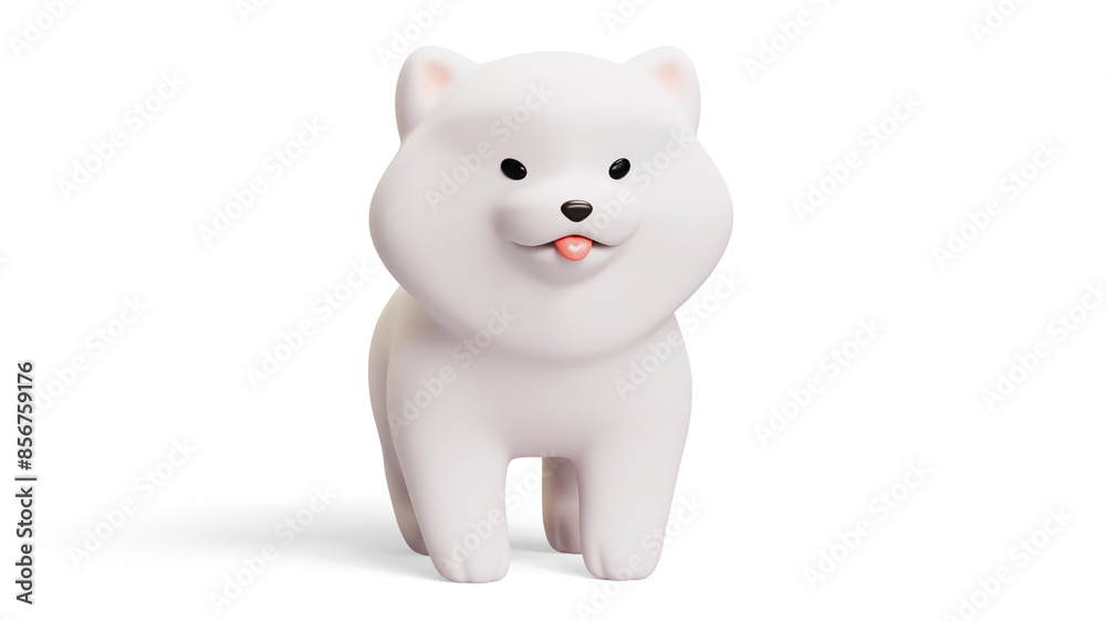 Simple cute funny kawaii fluffy cartoon samoyed puppy with dot eyes, red tongue sticking out of mouth in standing playful pose. Lovely adorable pet in minimal style. 3d render isolated white backdrop. Simple cute funny kawaii fluffy cartoon samoyed puppy with dot eyes, red tongue sticking out of mouth in standing playful pose. Lovely adorable pet in minimal style. 3d render isolated white backdrop.