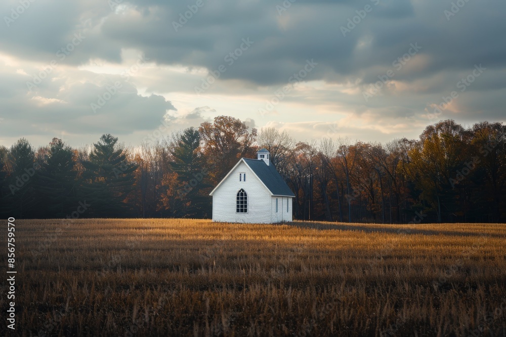 Painting of a church in a meadow with mountains in the background Painting of a church in a meadow with mountains in the background