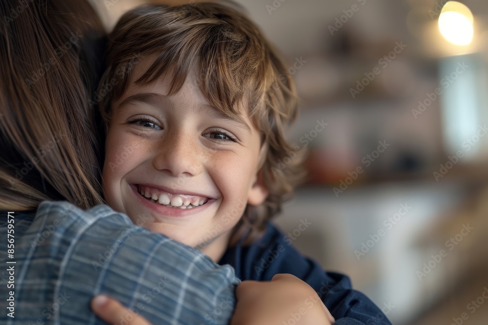 In this happy family photo, a boy and his mother are hugging in their home, bonding, and embracing in a loving embrace. Relaxing, family, apartment for childcare or parents, loving attachment, and In this happy family photo, a boy and his mother are hugging in their home, bonding, and embracing in a loving embrace. Relaxing, family, apartment for childcare or parents, loving attachment, and