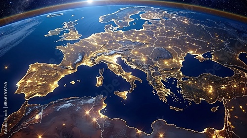 Fototapeta Naklejka Na Ścianę i Meble -  Planet earth rotating in space showing europe and mediterranean sea illuminated at night