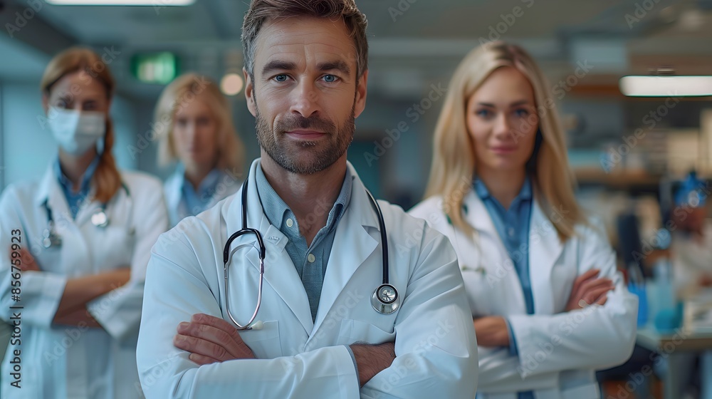 Group of doctors in a hospital office with arms crossed, highlighting their dedication to healthcare Group of doctors in a hospital office with arms crossed, highlighting their dedication to healthcare