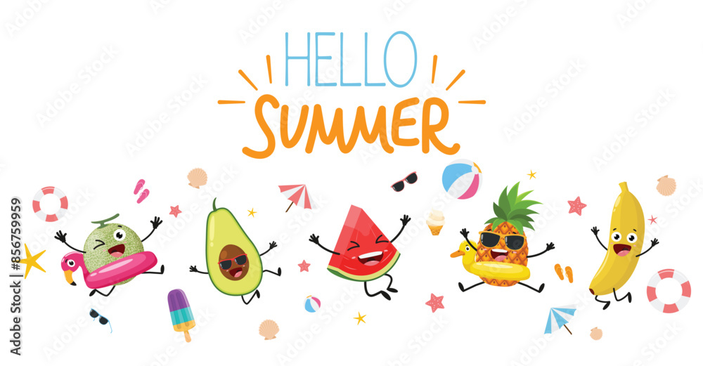 Hello summer background with cute pineapple and watermelon cartoon Hello summer background with cute pineapple and watermelon cartoon