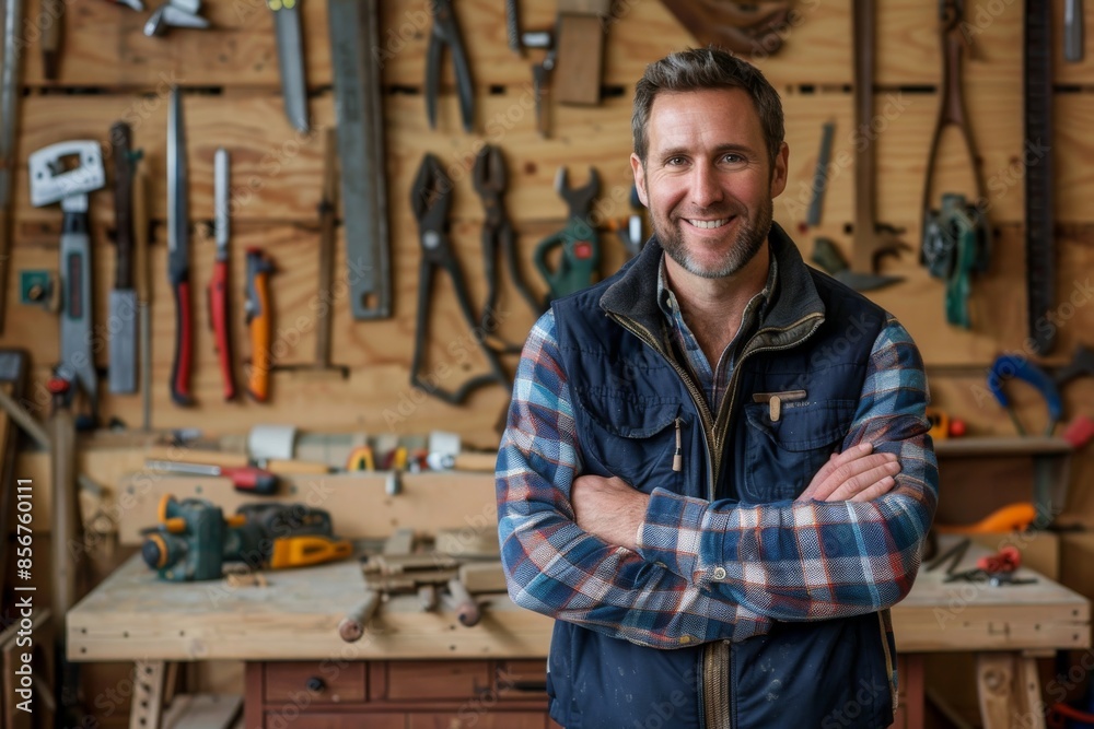 The portrait of a handyman in a workshop for a job with tools, renovation services, or home repairs. The portrait of a male contractor who features a wood workbench and smile for a career in The portrait of a handyman in a workshop for a job with tools, renovation services, or home repairs. The portrait of a male contractor who features a wood workbench and smile for a career in