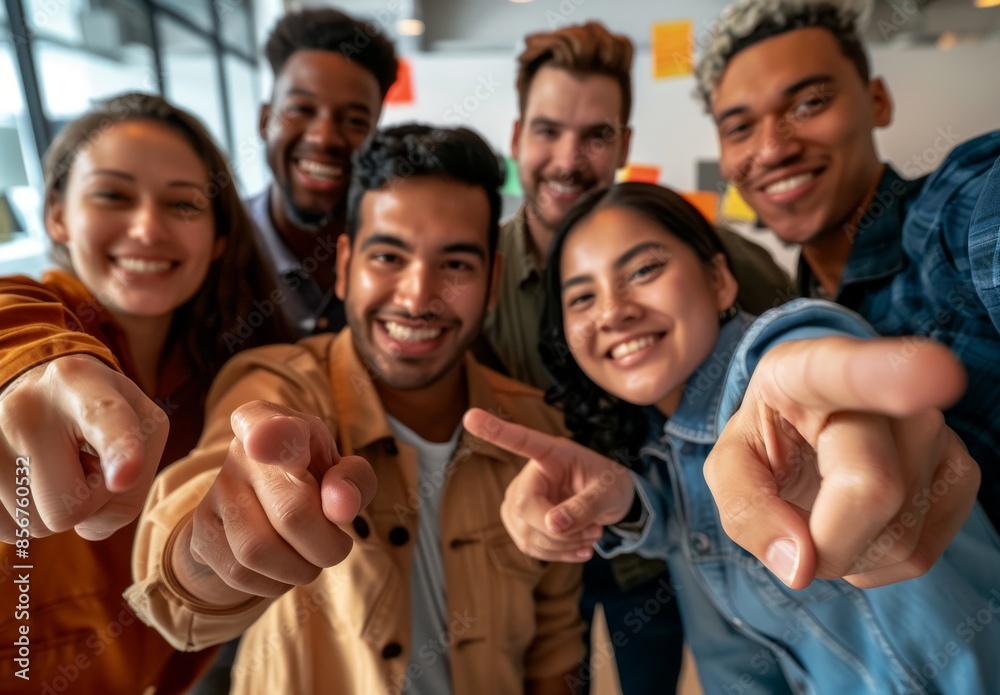Obraz premium Portrait of happy people smiling for the camera pointing at you as part of a team for an opportunity, recruiting, or selection at work. A group of enthusiastic employees smiling for their choice,