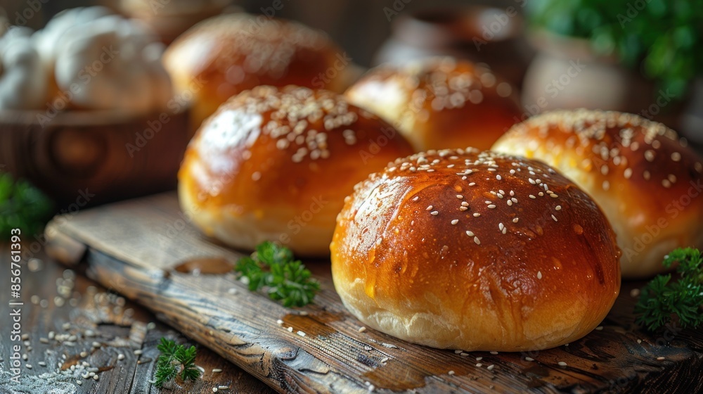 Golden Sesame Burger Buns on Rustic Wooden Board Golden Sesame Burger Buns on Rustic Wooden Board