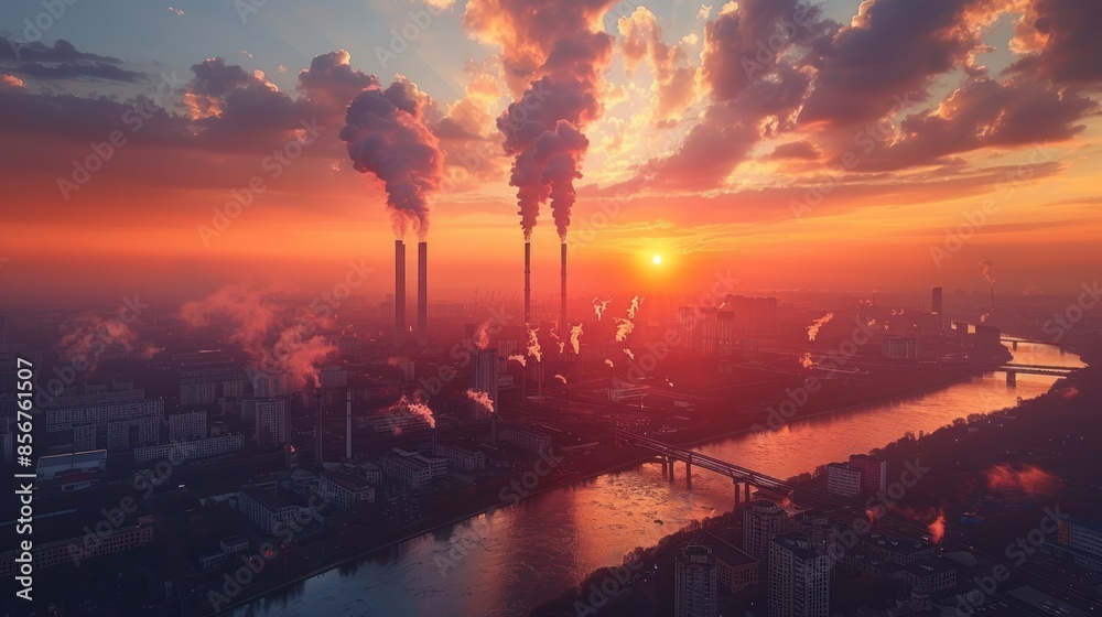 Fototapeta premium Industrial Sunset Over a Cityscape