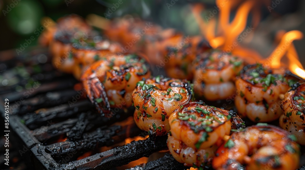 Grilled Shrimp Skewers with Flames in Background Grilled Shrimp Skewers with Flames in Background