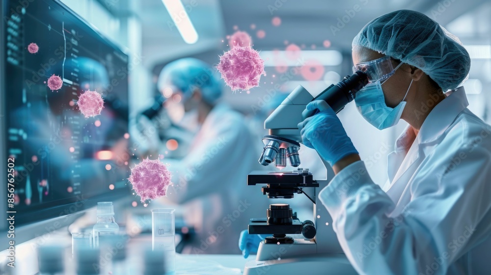 A team of researchers in an oncology lab closely examining cancer cells under a high powered microscope A team of researchers in an oncology lab closely examining cancer cells under a high powered microscope
