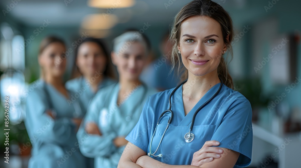 Modern healthcare team standing in a hospital office with arms crossed, prepared to treat patients Modern healthcare team standing in a hospital office with arms crossed, prepared to treat patients