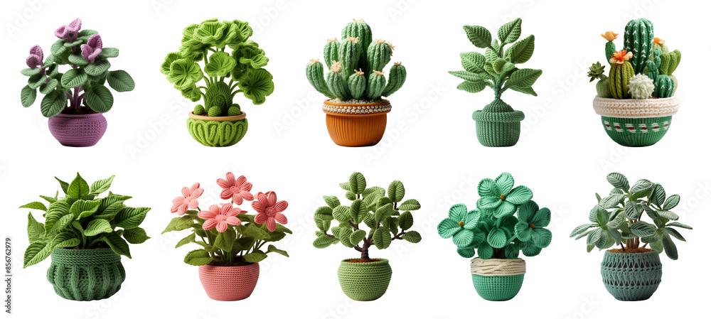 Set of knitted potted plants: succulent, flower plant, indoor plants. Handcrafted knit green foliage plants decor.