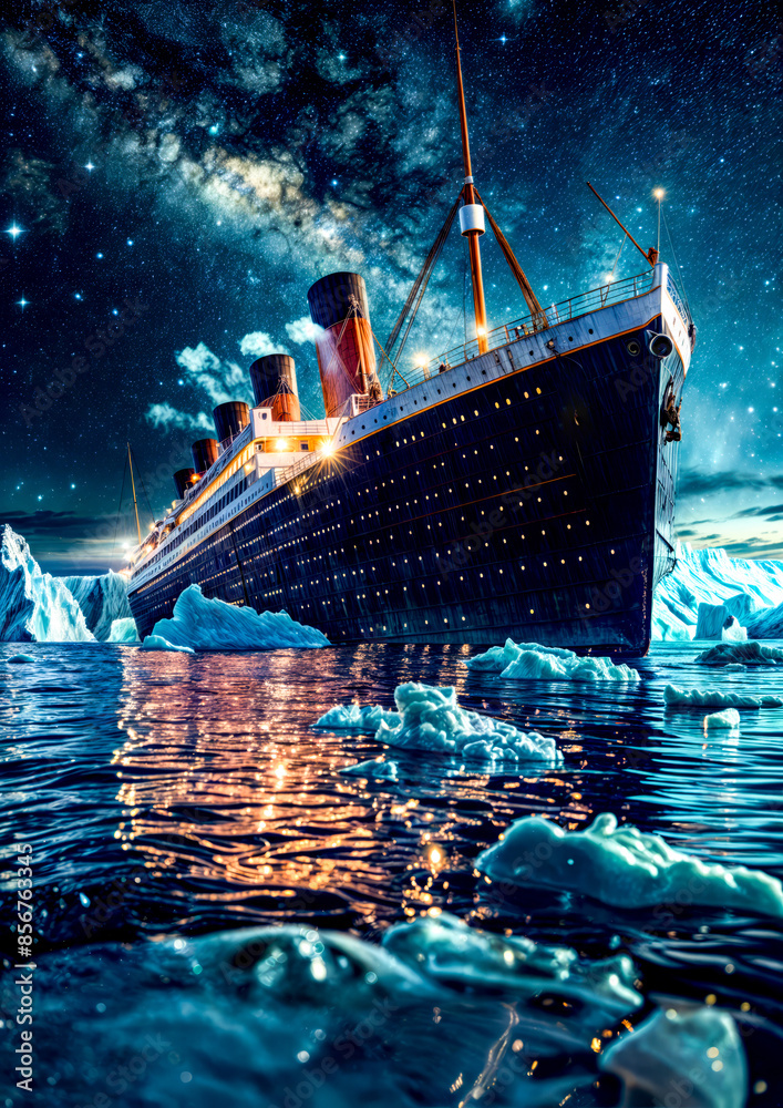 Fototapeta premium Painting of cruise ship in the ocean surrounded by icebergs.