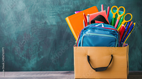 Cardboard box with backpack full of brightly colored school supplies. Back to school donation drive concept.