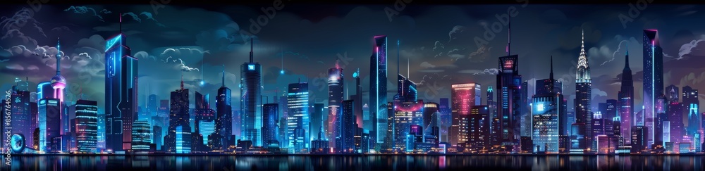 Skyline of futuristic city with purple and cyan neon lights. A night scene with visionary skyscrapers. Skyline of futuristic city with purple and cyan neon lights. A night scene with visionary skyscrapers.
