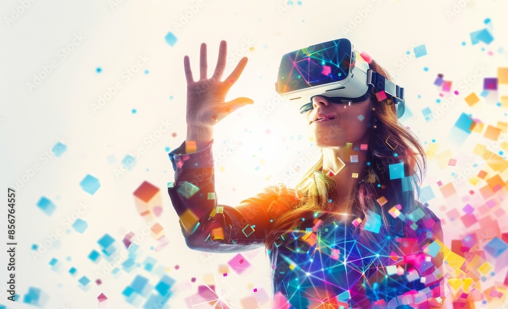Fototapeta premium Wearing a VR helmet, a smiling businesswoman wears casual clothing