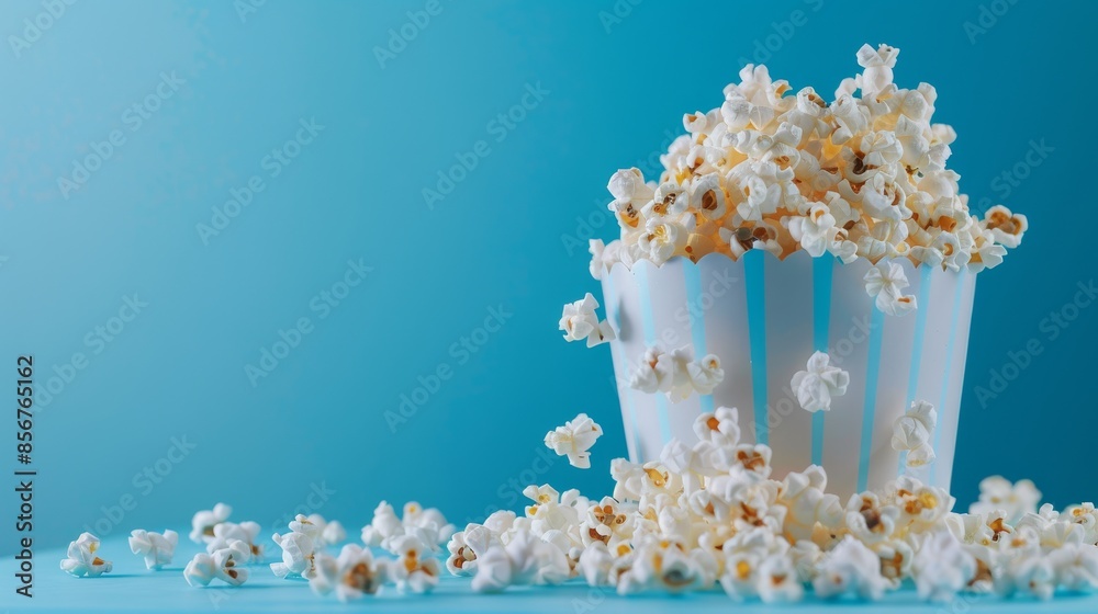 Bucket of popcorn spilling over against a blue background, minimalistic concept Bucket of popcorn spilling over against a blue background, minimalistic concept