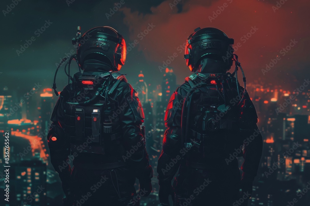 The goal of stock AI is to generate an image of swat soldiers in future tactical outfit armor and weapons against a science fiction background in an image of future cities.