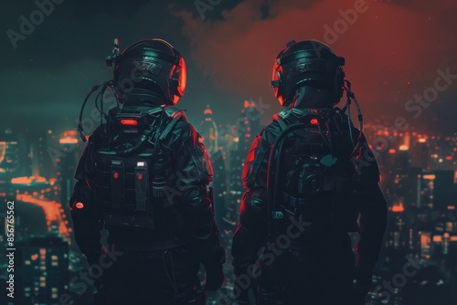 The goal of stock AI is to generate an image of swat soldiers in future tactical outfit armor and weapons against a science fiction background in an image of future cities.