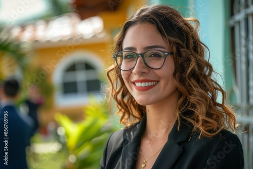 A professional Hispanic female real estate agent with curly hair and glasses smiling confidently in front of a vibrant house. She exudes positivity and approachability. photo
