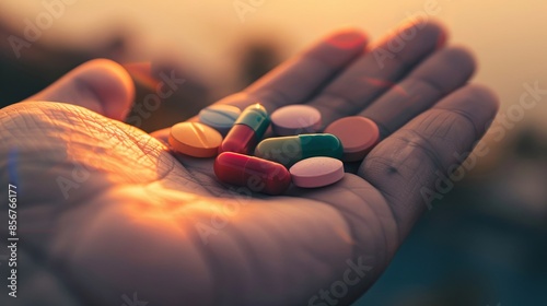 A hand holds several colorful pills against a softly blurred sunset background. Generative AI photo