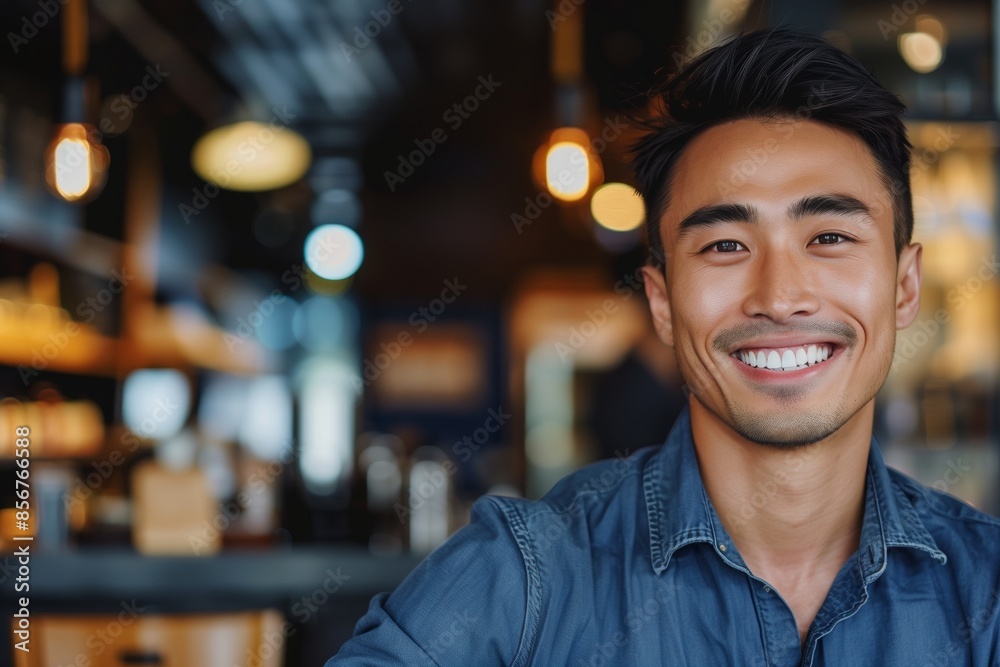 Fototapeta premium Young Asian Man Smiling Brightly Indoors