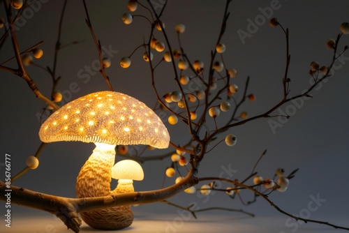 enchanting beauty of a mushroom lamp illuminated against dark interior, showcasing its intricate details and delicate craftsmanship, evoking a sense of wonder and magic reminiscent of fairy tales photo