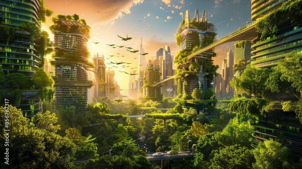 Urban eco-futuristic cityscape with greenery, parks, and green spaces ...