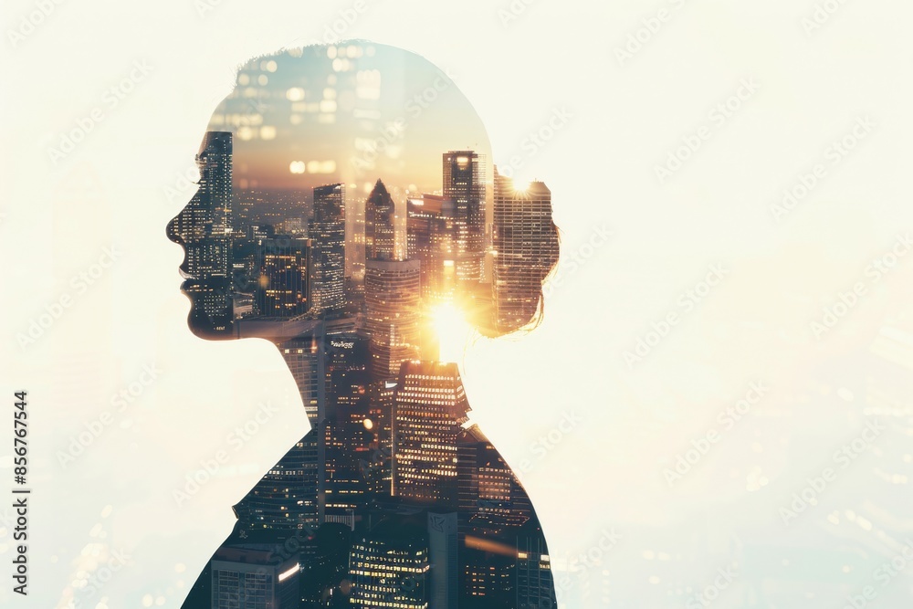 The double exposure image shows a business person on a modern city background. The futuristic cityscape combines with abstract multiple exposures to create a surreal, futuristic image. The double exposure image shows a business person on a modern city background. The futuristic cityscape combines with abstract multiple exposures to create a surreal, futuristic image.