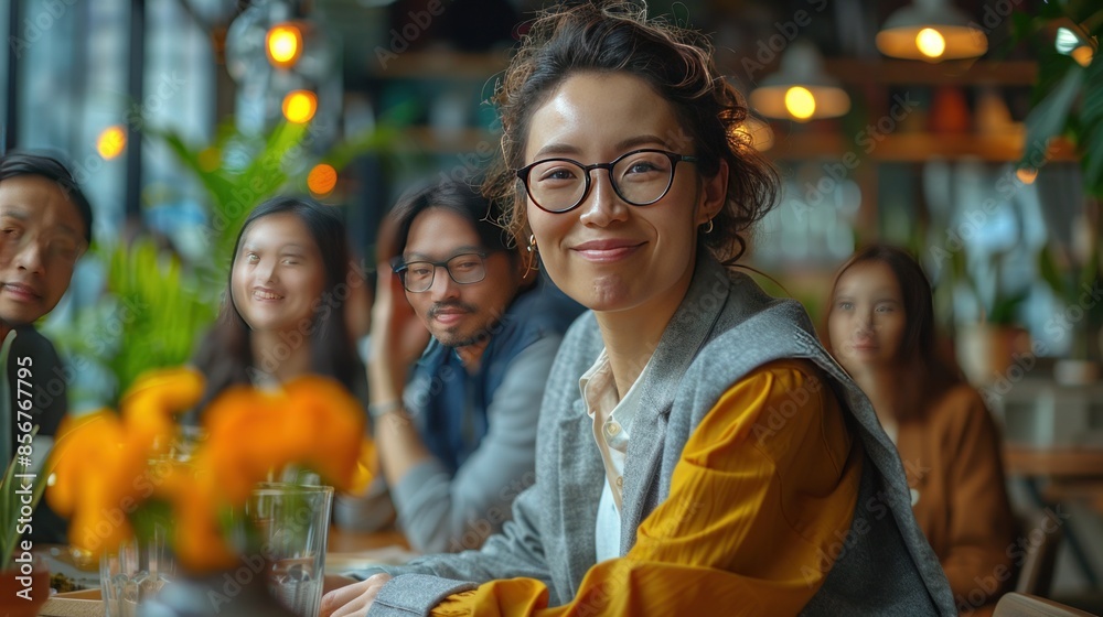 Smiling Woman in a Cafe with Friends Smiling Woman in a Cafe with Friends