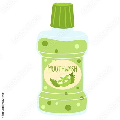 Bottle of mouthwash with mint, lime for oral health care. Product for washing tooth, rinse mouth. Liquid for dental hygiene, fresh breathing. Flat isolated vector illustration on white background