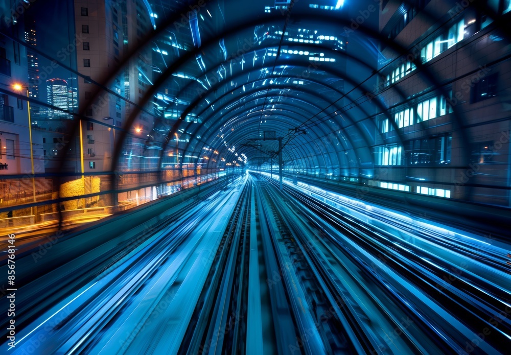 In Tokyo, a train moves inside a tunnel in a blur