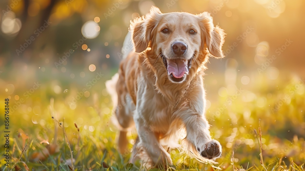 A happy golden retriever dog running through a field of tall grass with the sun shining down on it. A happy golden retriever dog running through a field of tall grass with the sun shining down on it.