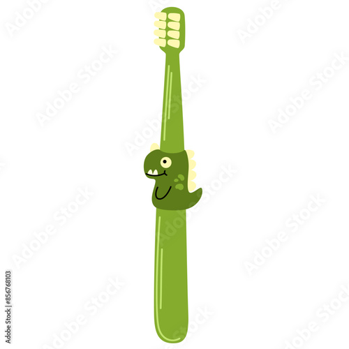 Cute childish toothbrush for cleaning mouth. Colourful kids tooth brush for protection dental health care. Oral hygiene tool for children. Flat isolated vector illustration on white background