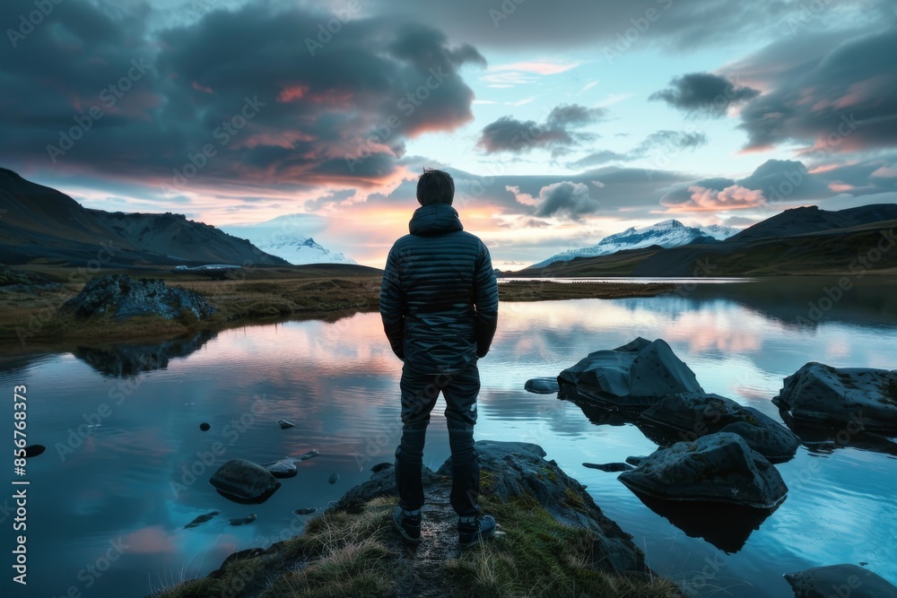 An Icelandic man looks at the spectacular sunset over Freestadavatn lake while wearing a blue jacket An Icelandic man looks at the spectacular sunset over Freestadavatn lake while wearing a blue jacket