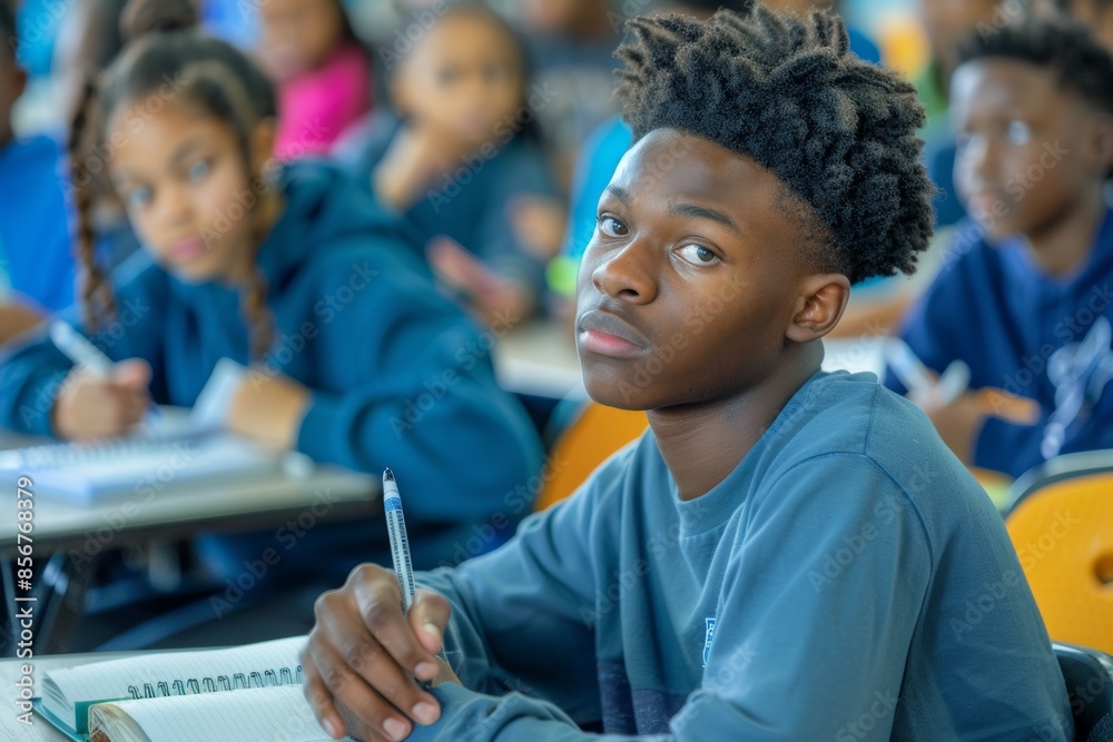 In the classroom, a student sits at a desk In the classroom, a student sits at a desk