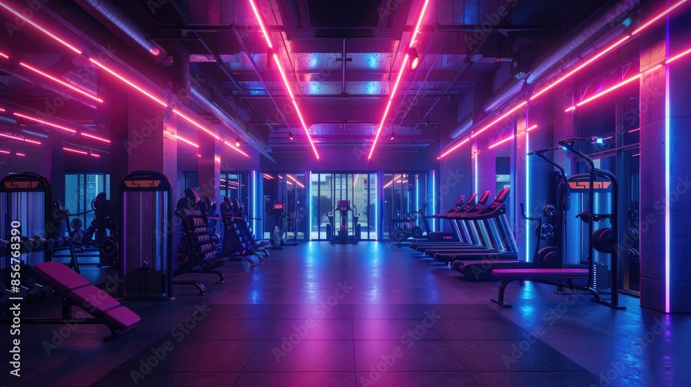 A modern gym with neon lights, treadmills, and weight machines, creating an energetic atmosphere for fitness enthusiasts. A modern gym with neon lights, treadmills, and weight machines, creating an energetic atmosphere for fitness enthusiasts.