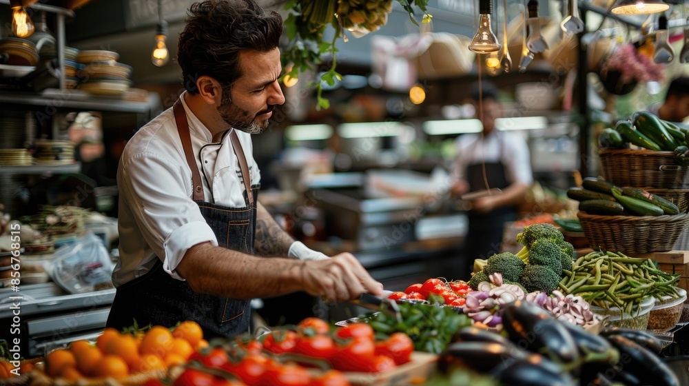 A vendor arranges fresh vegetables at a vibrant market, featuring colorful produce and lively atmosphere of commerce and community. A vendor arranges fresh vegetables at a vibrant market, featuring colorful produce and lively atmosphere of commerce and community.